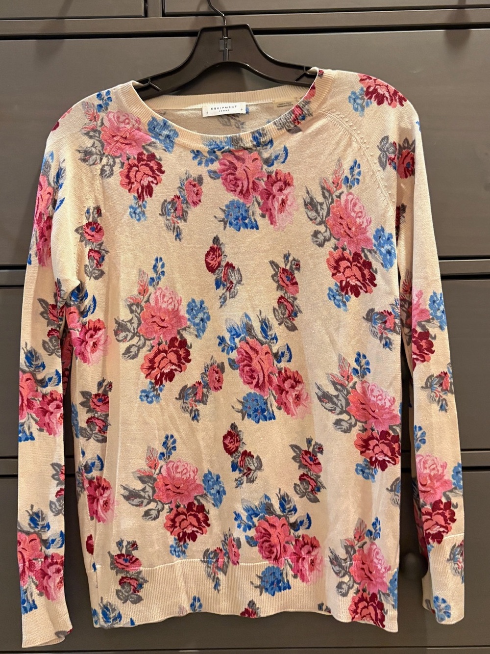 Equipment Tan Floral Long Sleeve Silk Sweater